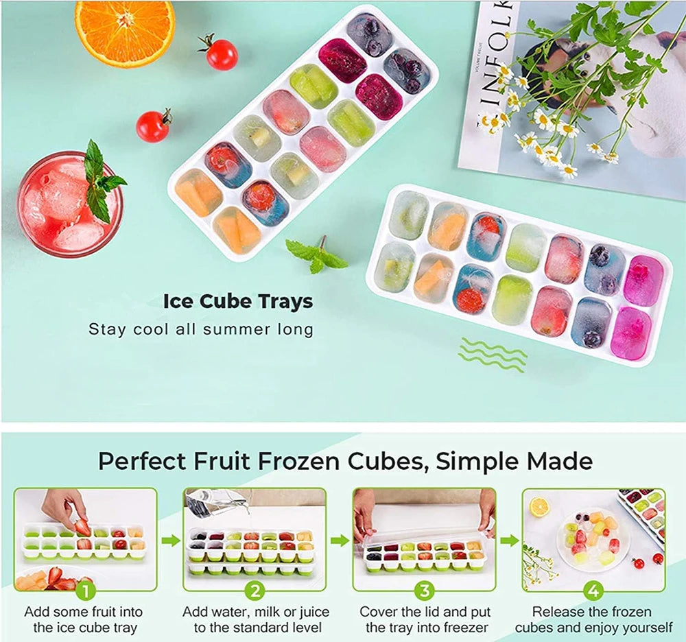 14-Grid Ice Cube Trays Silicone Ice Mold with Removable Lid DIY Homemade Popsicle Mould for Cocktail Freezer Kitchen Bar Tools