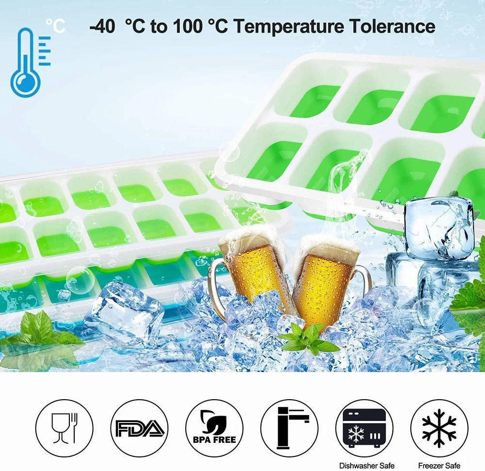 14-Grid Ice Cube Trays Silicone Ice Mold with Removable Lid DIY Homemade Popsicle Mould for Cocktail Freezer Kitchen Bar Tools